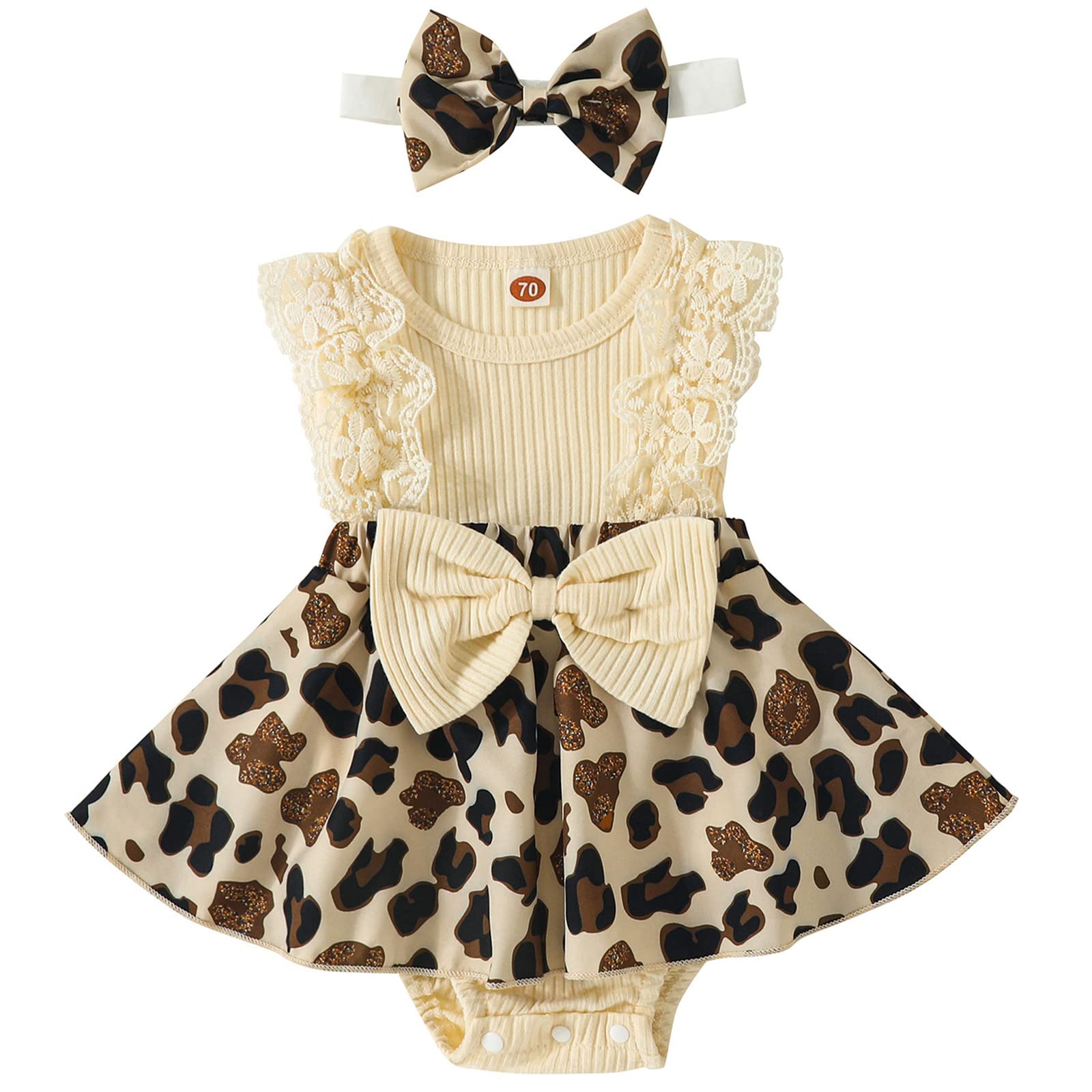 Mubineo Baby Girl Summer Clothes Outfits Sleeveless Lace Floral Romper Dress Newborn Outfit (Beige Animal Leopard Print 12-18 Months)